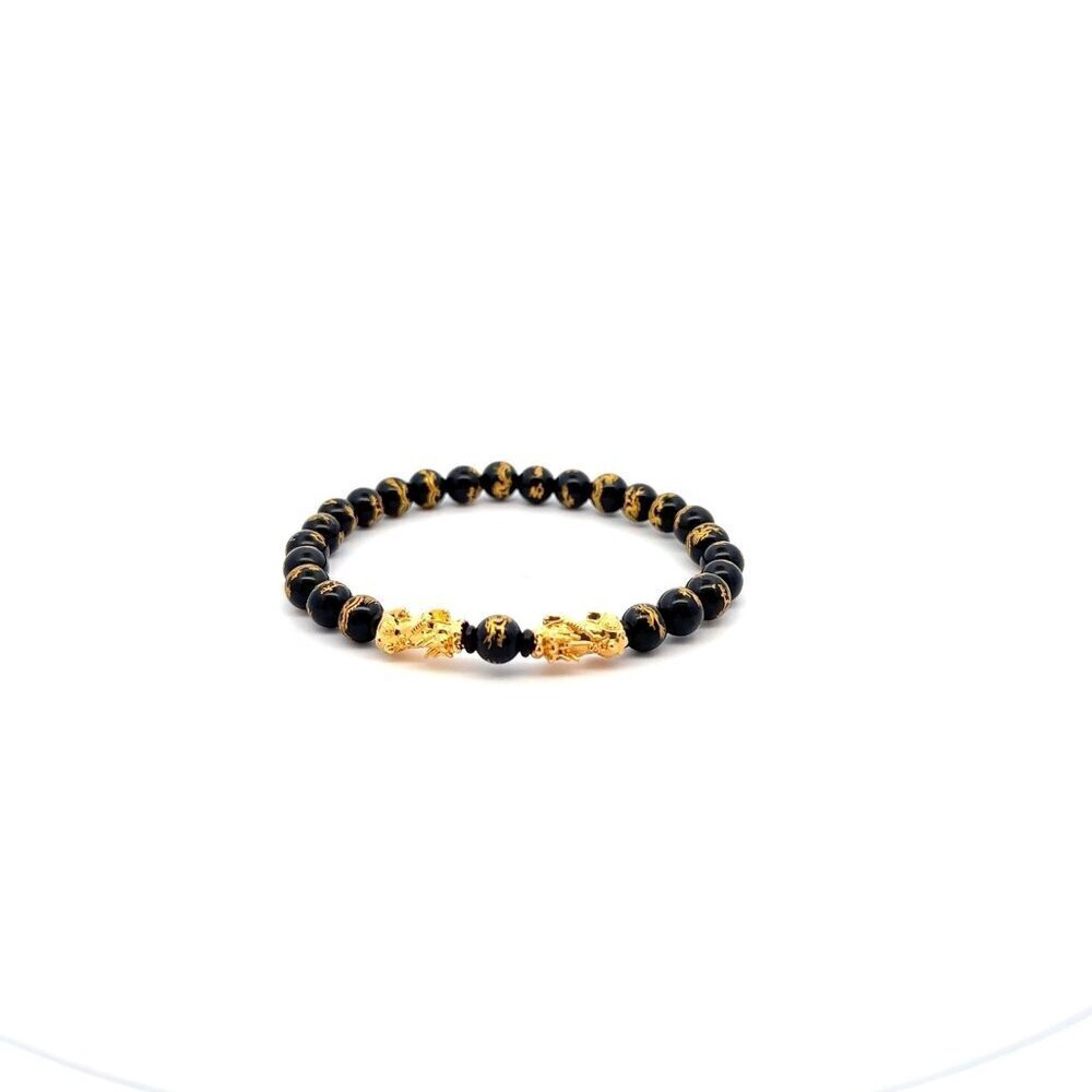 18K Gold Dragon Pixiu Double Piyao Bracelet Gemstones Black Carved Onyx 6mm